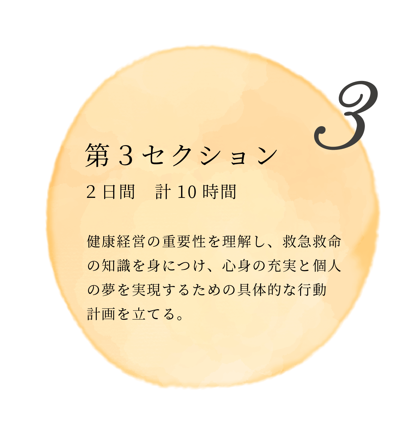 第3セクション 2日間 計10時間 健康経営の重要性を理解し、救急救命の知識を身につけ、心身の充実と個人の夢を実現するための具体的な行動計画を立てる。